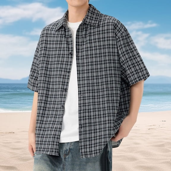 Aobny Plaid Men Shirt Chambray Button Up Clothing Polos Collared Short Sleeve Big & Tall T-Shirts,Black,L
