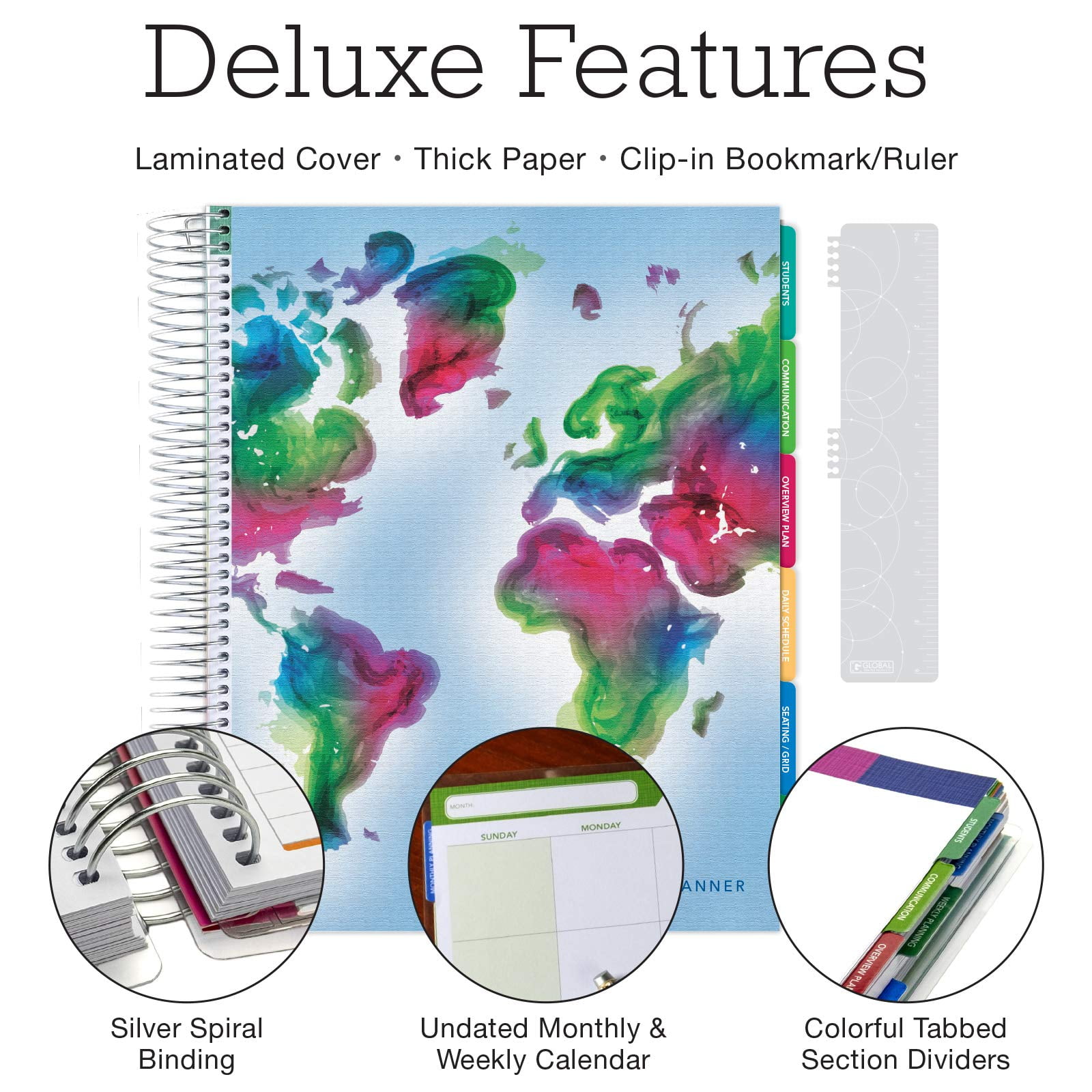 DELUXE Undated Teacher Planner - Includes 7 Periods, Page Tabs, Bookmark, and More! - Globe - 8.5"x11" - DTP-0003-U
