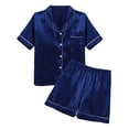 thumbnail image 4 of TiaoBug Women Mens Pajamas Set Satin Lapel Short Sleeve Shirts with Shorts 2-Piece Nightwear Royal Blue XL, 4 of 7