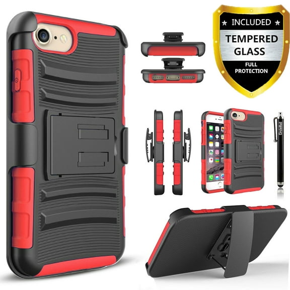iPhone 7 Plus Case, Dual Layers [Combo Holster] And Built-In Kickstand Bundled with [Tempered Glass Screen Protector] Hybird Shockproof And Circlemalls Stylus Pen-Red