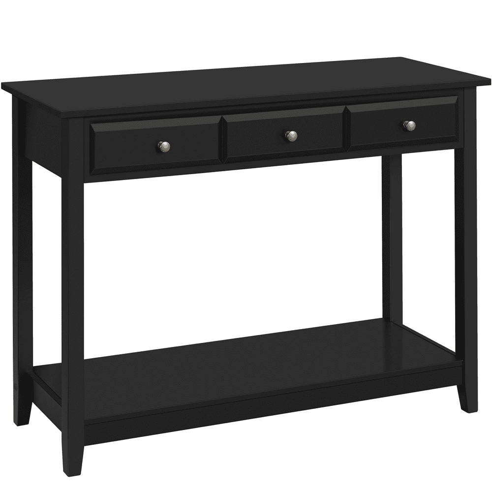 Fullfurnique 3-Drawer Minimal Style Console Table with Pine Wood Legs and Storage Shelf, Black