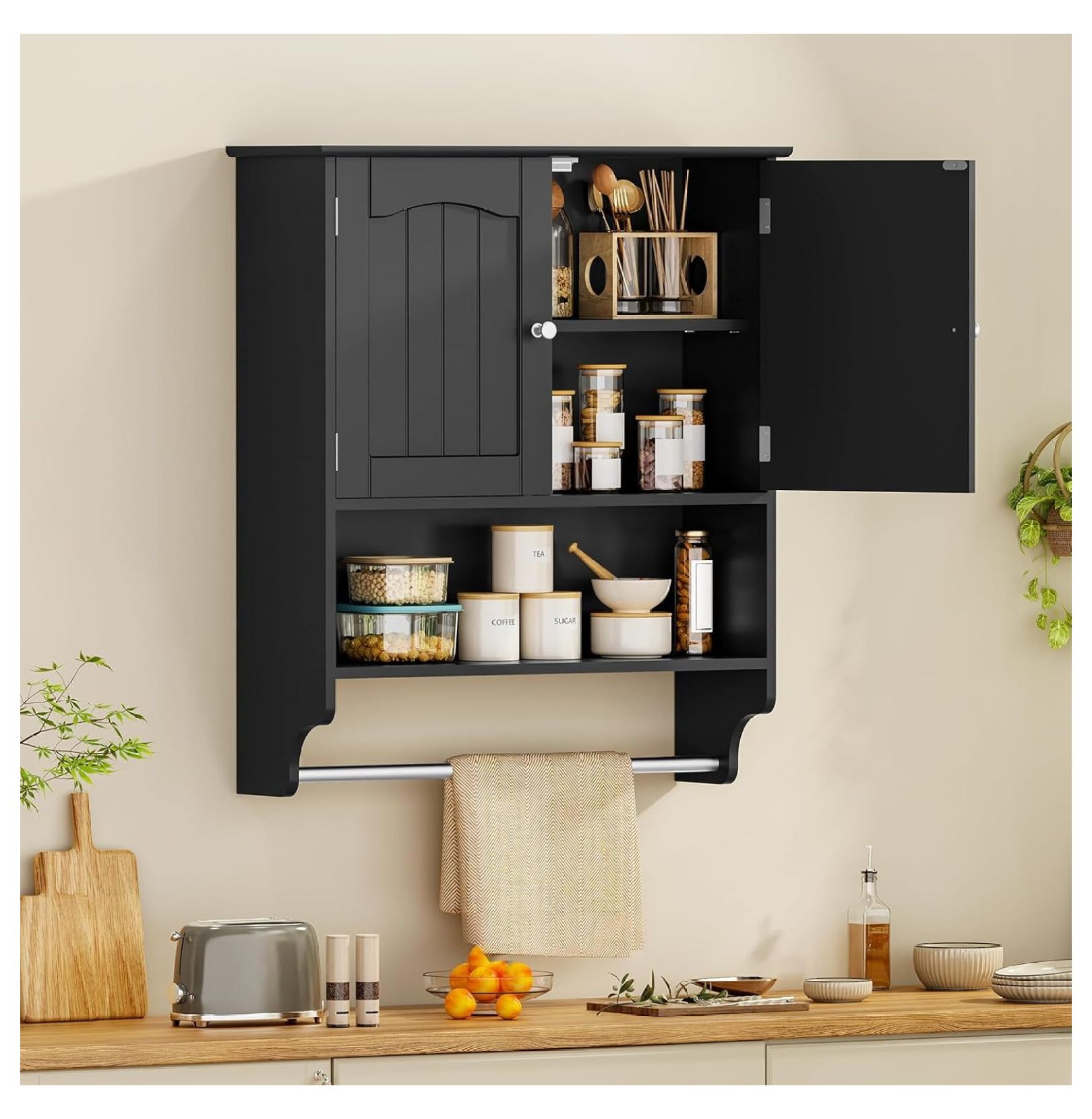 Freestanding Over the Toilet Storage Bathroom Wall Cabinet with Adjustable Shelf, Black