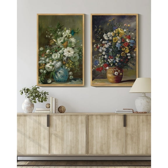 Vintage Flower Framed Wall Art 16x24in2pcs Framed Brown Modern Farmhouse Kitchen Bathroom Office Decor Retro Floral Classic Wall Prints