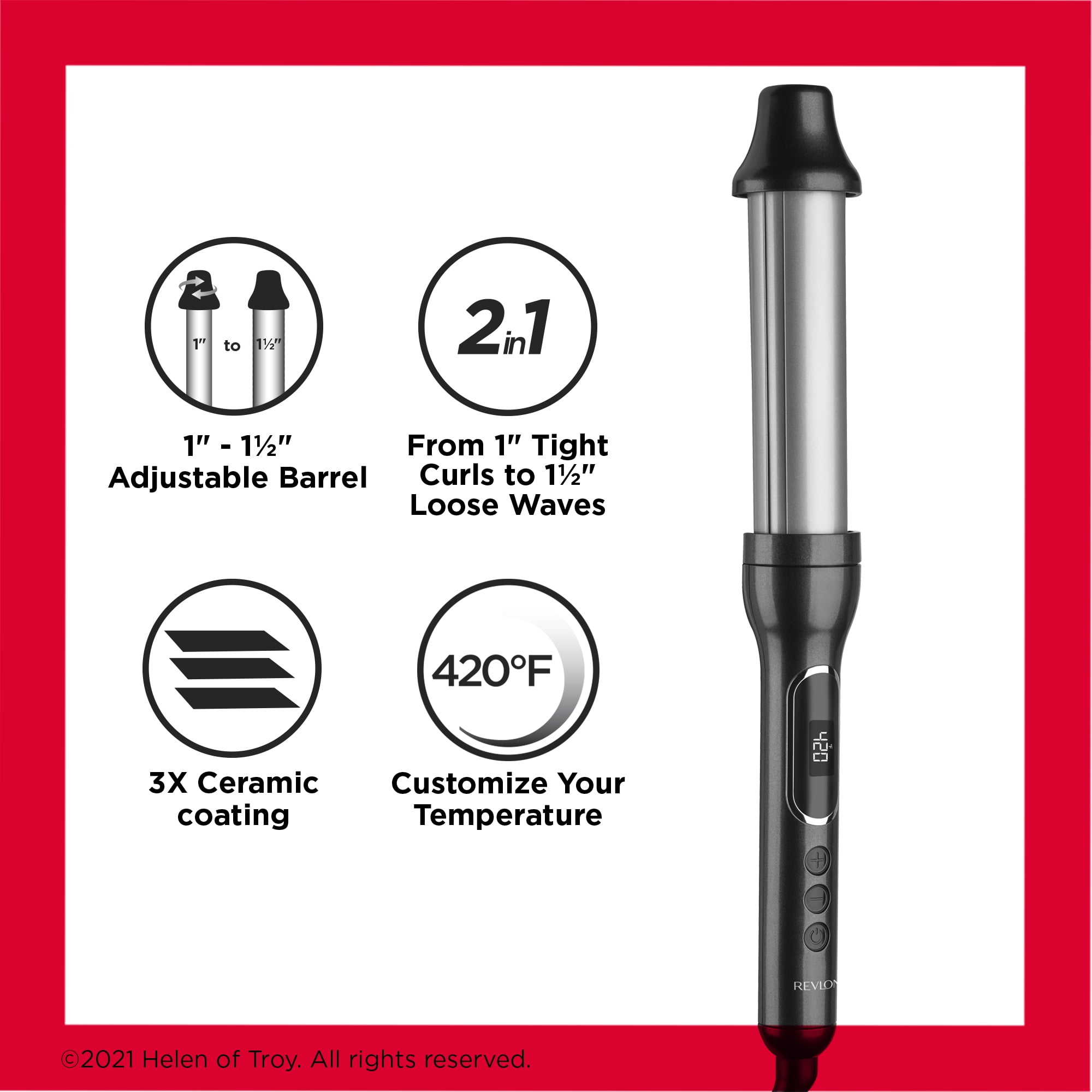Revlon Adjustable Barrel 2-in-1 Ceramic 1" and 1-1/2" Curling Wand, Black