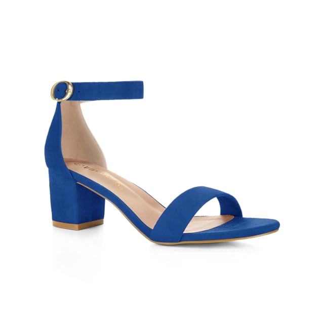 BLISSFUL STEP Women's Shoes Open Toe Mid Block Heel Ankle Strap Faux Suede Sandals Dark Blue 7.5