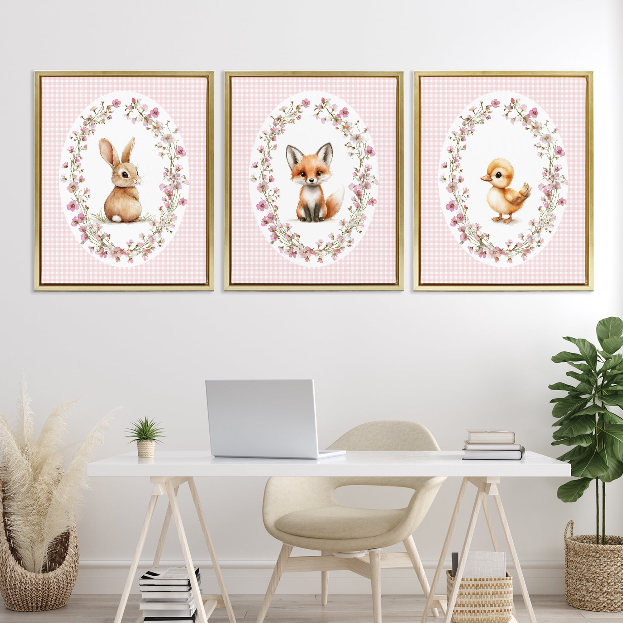 Stupell Industries Spring Gingham Animals 3 Piece Gold Framed Floater Canvas Set, design by Christine Simpson Art