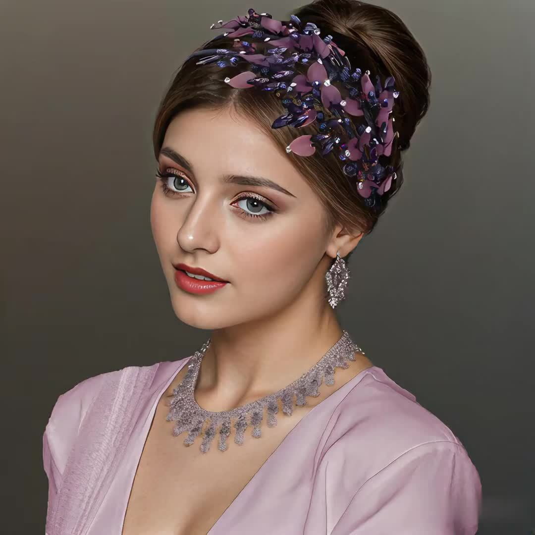 A stylish double-layered headband, designed for women, features purple polymer clay leaf patterns and rhinestones, making it the perfect accessory for photoshohoots and everyday wear.