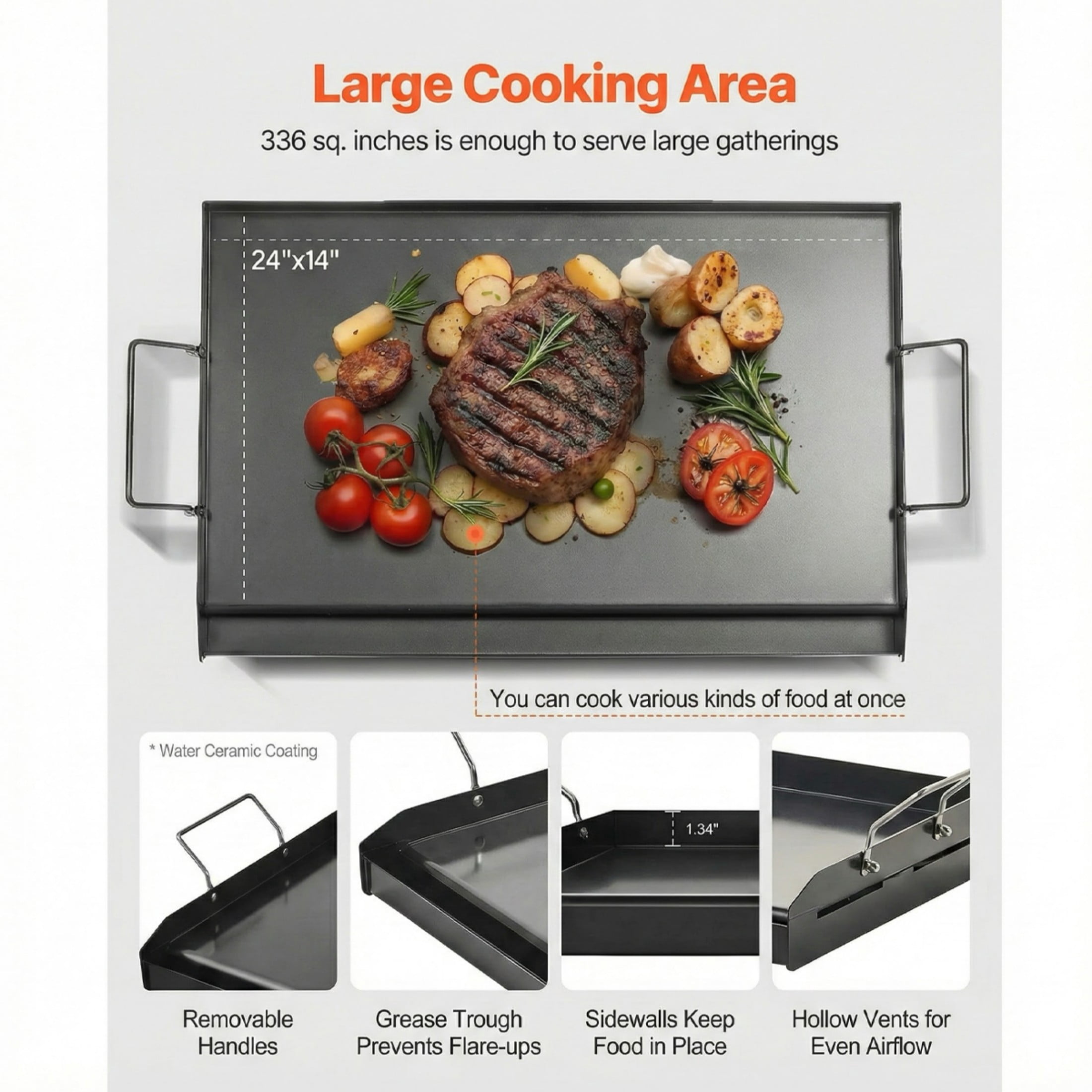 Carbon Steel Griddle 24x16 in, Universal Fit for Gas Grills, Portable with Handle for Camping, Tailgating & Teppanyaki