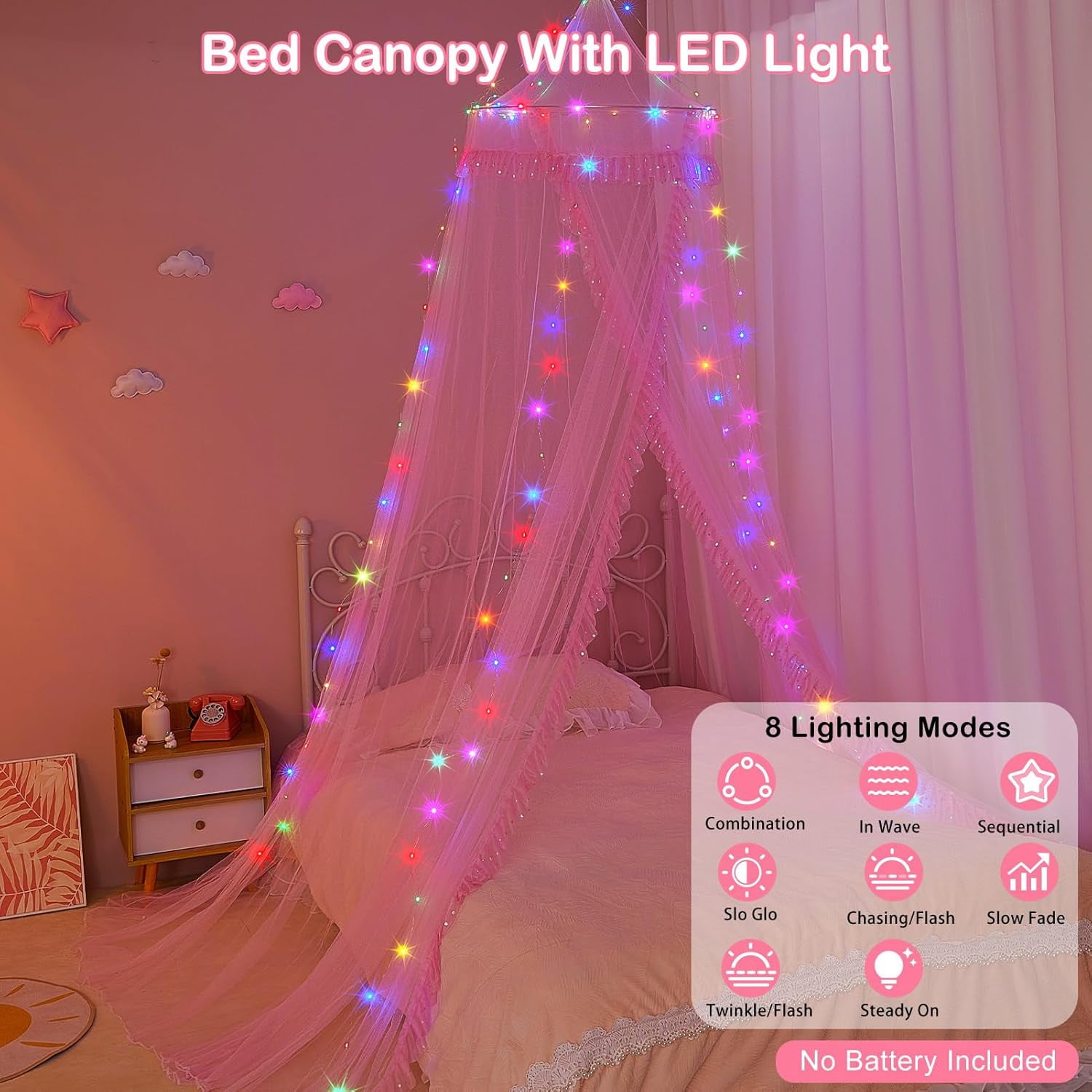 Bed Canopy for Girls with Remote Timer Breathable Canopy Bed Curtains with 8 Modes LED Lights Net Canopy for Bed for Girls Room Decor,Pink