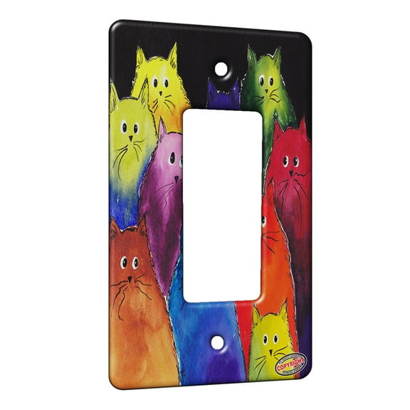 KuzmarK™ 1 Gang Rocker Wall Plate - Very Colorful Two Toned Silly Maine Coon Kitties Black Background Art by Denise Every