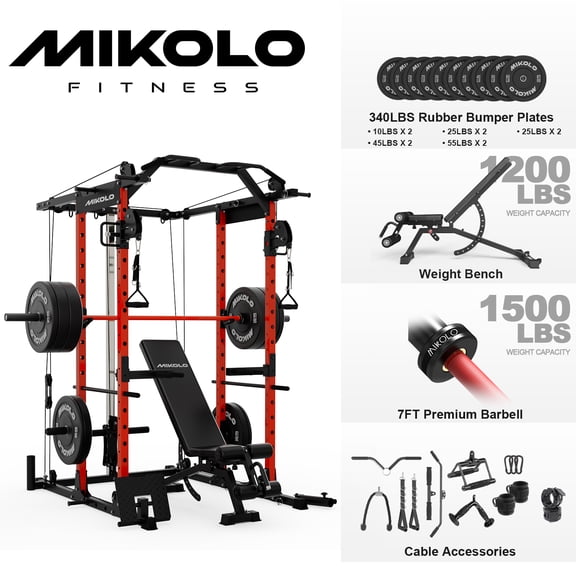 Mikolo Power Rack Cage, 1500LBS Weight Cage with 800LB Capacity Adjustable Weight Bench, 1500LB Capacity Barbell and 340LB Weight Plate set ( Red )