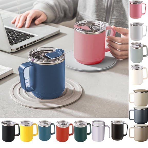 15.56oz 1pc Coffee Mug with Lid, Stainless Steel Coffee Cup, Office Insulated Coffee Mug with Handle, Travel Coffee Mug