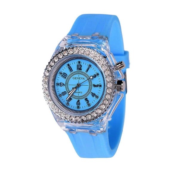 Rhinestone Encrusted Watch with Light-Up Function, Clear Case, Vibrant Silicone Strap, Precise Quartz Movement for Everyday Wear