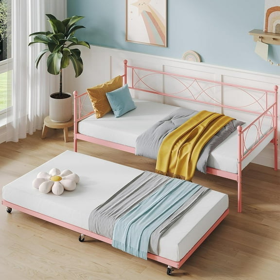 Twin daybed with Trundle, Metal Twin Daybed and Trundle Set, Day Bed Sofa Metal Bed Frame with Steel Slat Support, Multifunctional Daybed Frame for Bedroom (Modern - Pink) with Sturdy Steel Slats