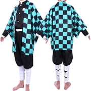 Forfamy Kamado Tanjiro Cosplay Tanjiro Kimono Costume Anime Outfit Men Women with Earring for Halloween