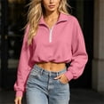 thumbnail image 2 of hoksml Women Half Zip Collar Drawstring Hem Cropped Sweatshirt Drop Shoulder Puff Long Sleeve Pullover for Street Casual Daily, 2 of 8