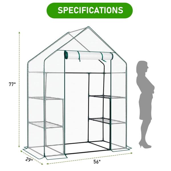 Mini Walk-in Greenhouse with PE Cover, 4-Shelf Indoor Outdoor Plant Gardening Green House for Garden Backyard, 56" x 29" x 77", White