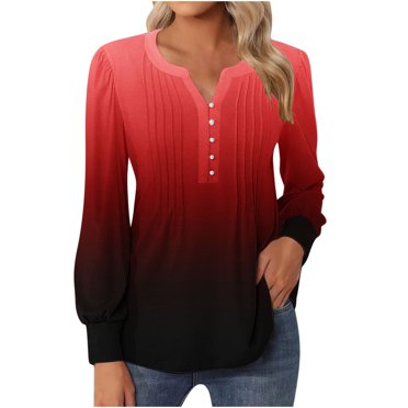 FAIWAD Tunique à Manches Longues Col en V pour Femmes Dégradé Plissé Superposé Boutonné Slim Chandail