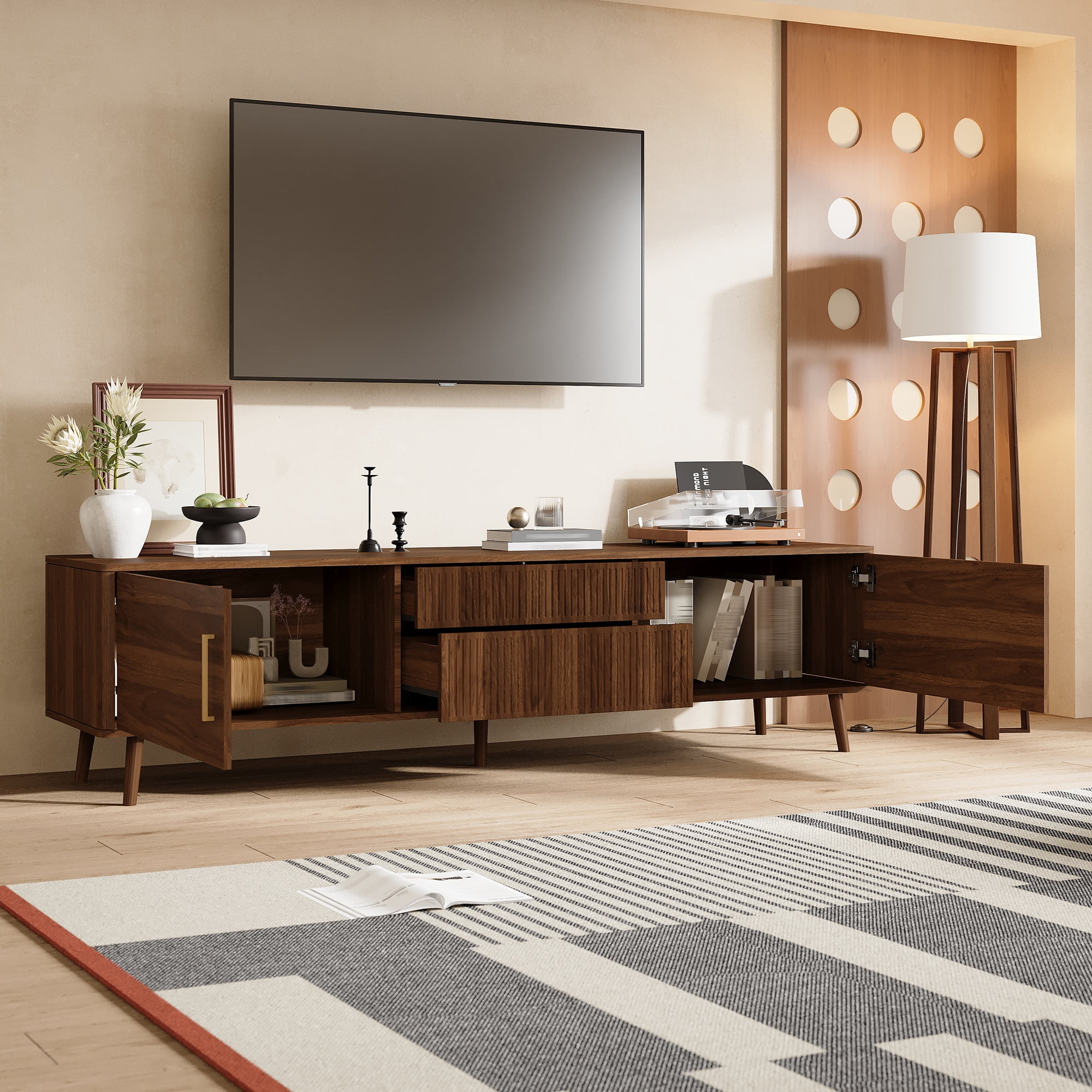 TV Stand for TVs up to 80 Inch, Mid-Century Modern Entertainment Center with 2 Drawers & 2 Cabinets, Media Console for Living Room