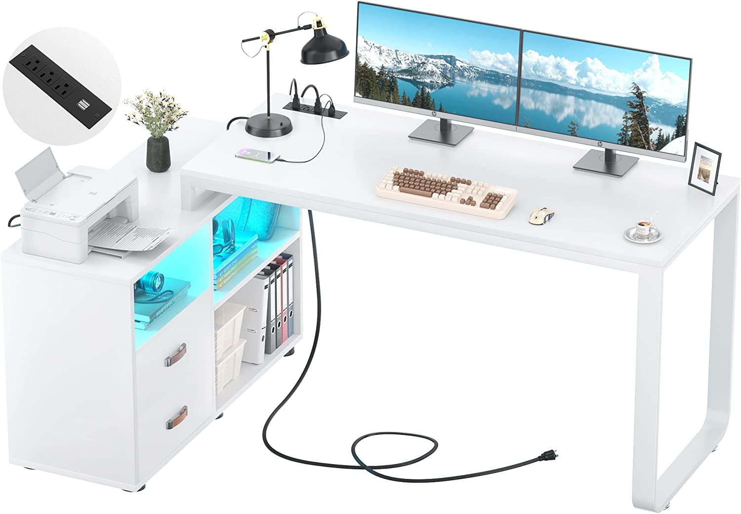 Homieasy L Shaped Desk with File & Power Outlet, 55 Inch Large Corner Computer Desks