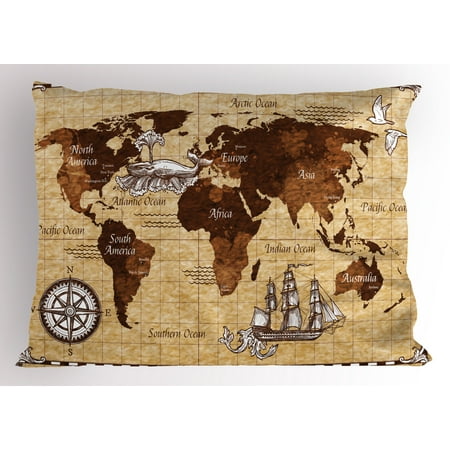 - Map Pillow Sham Hand Drawn Sketch Retro World Map with Lettering Old Historic Artwork Print, Decorative Standard Size Printed Pillowcase, 26 X 20 Inches, Brown and Sand Brown, by Ambesonne