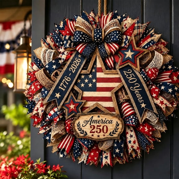 Wooden 250th Anniversary America Flag Star Wreath, 12 Inch Round Grapevine Wreath with Fabric Bows, Red White and Blue Wreath Decorations for Front Door, Porch & Wall
