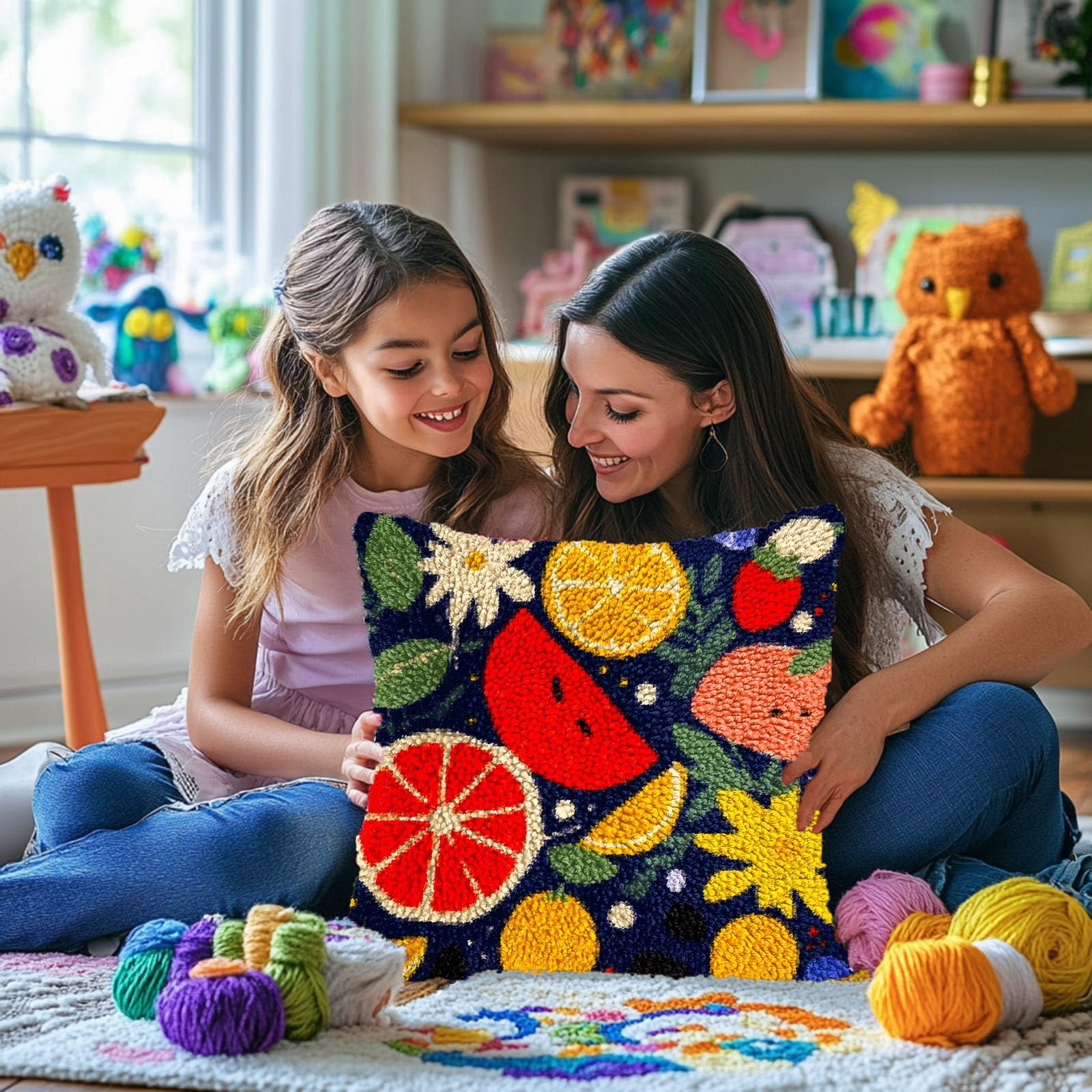 Colorful Fruits DIY Latch Hook Pillow Kits for Adults Printed Pillowcase Crochet Yarns Hooking Handmade Pillow Cover Cushion for Home Sofa Decoration 17x17inch