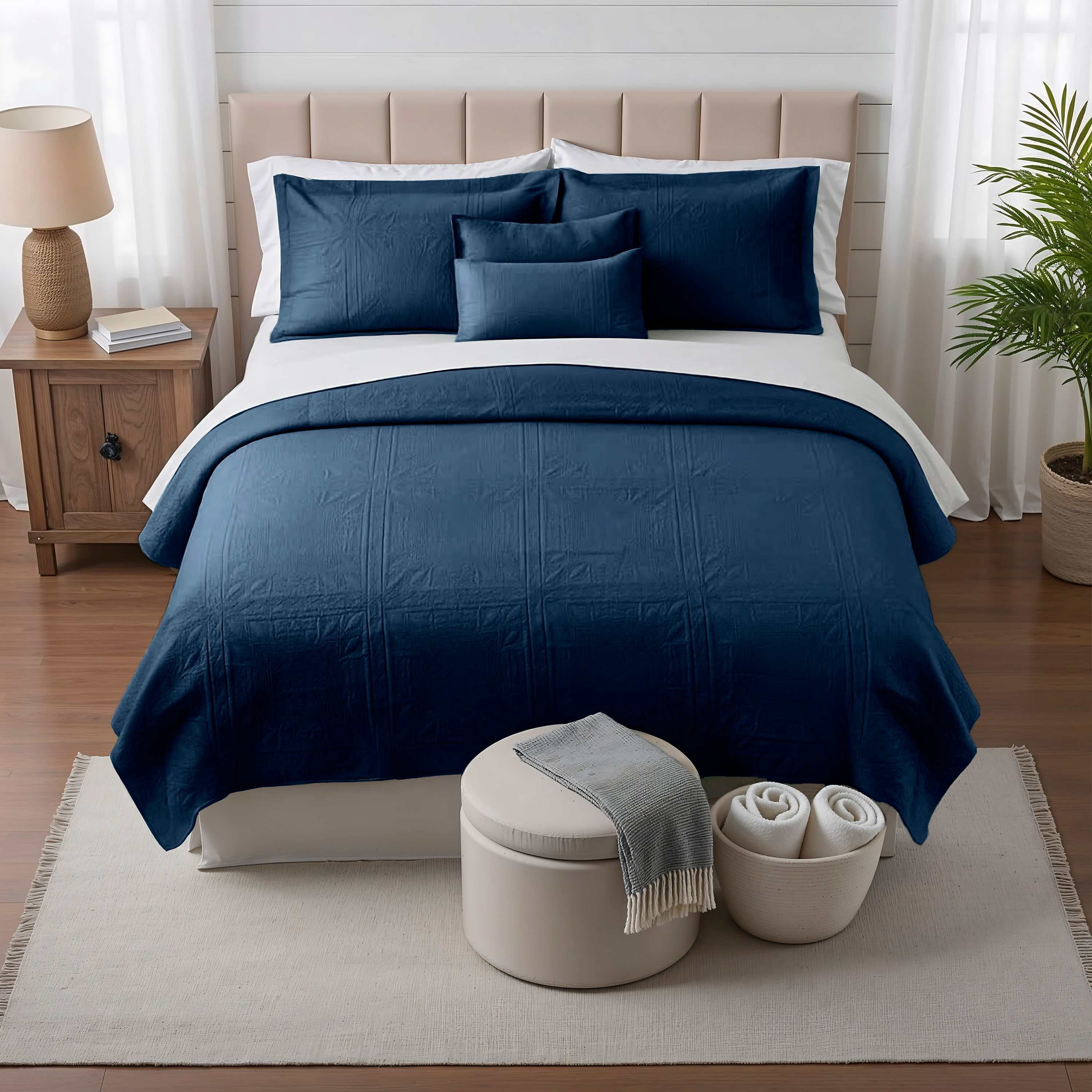 Clara Clark Quilt Sets, 4 Piece Lightweight Reversible Quilt Bedspread, Grid Weave Coverlet Bedding Set, Twin Navy