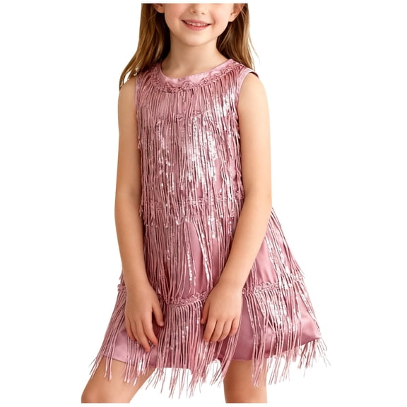SERTG Girls Latin Dance Glittered Sequins Fringe Tank Dress Sleeveless Round Neck Kids Fall Winter Velvety Knee-Length Recital Gown Birthday Party Stage Performance Skirts(Pink,9-10 Years)