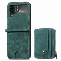 Zipper Back Wallet Case for Samsung Galaxy Z Flip 4, Detachable Card Slots Pocket Magnetic Classic Cover with Kickstand Soft Silicone Shockproof Anti-Scratches Folding Case, Green