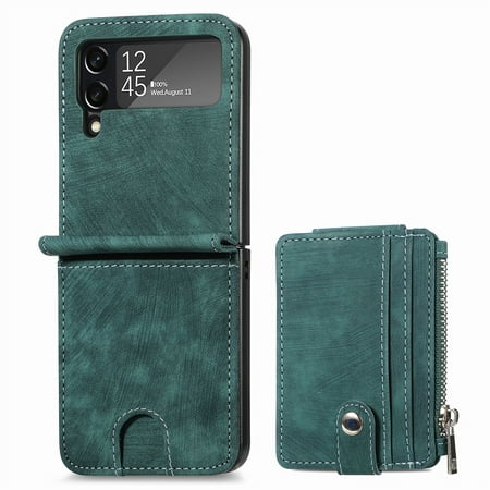 Zipper Back Wallet Case for Samsung Galaxy Z Flip 4, Detachable Card Slots Pocket Magnetic Classic Cover with Kickstand Soft Silicone Shockproof Anti-Scratches Folding Case, Green