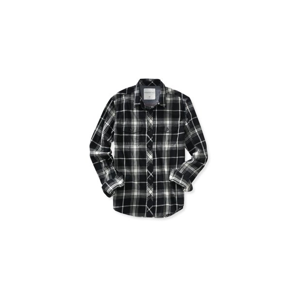 Aeropostale - Camisa de manga larga con botones de franela para hombre, color negro, talla mediana Aeropostale Botones al frente