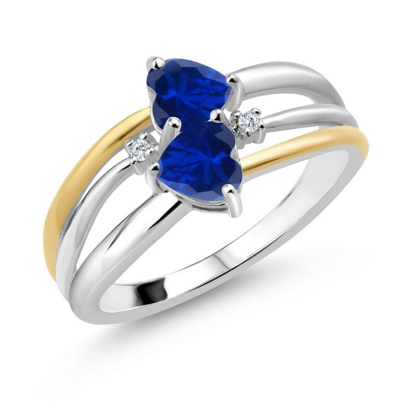 Gem Stone King 925 Silver and 10K Yellow Gold Blue Created Sapphire and White Lab Grown Diamond Band Ring for Women (1.02 Cttw, Gemstone September Birthstone, Heart Shape 5MM, Size 7)
