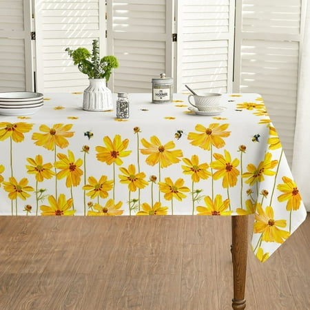 

WISH TREE Spring Summer Tablecloth Easter Watercolor Yellow Daisy Sunflower Blooming Floral Table Cover for Party Picnic Dinner Decor