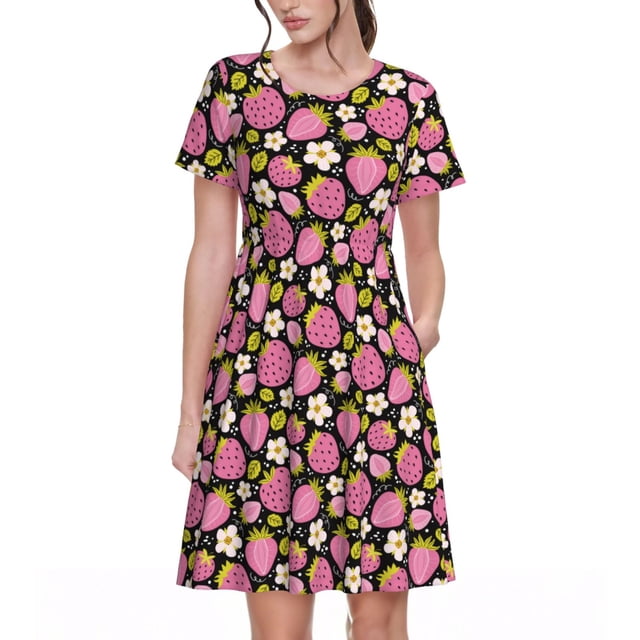 Bixox Robe d'Été à Manches Courtes pour Femmes Robe Ample Longueur Genou avec Poches-Fraise