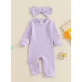 thumbnail image 2 of Suealasg Baby Girls Full Length Jumpsuit 3 6 9 12 18 Months Infant Long Sleeve Ribbed Rompers Headband Spring Fall Bodysuit Clothes for Newborn Girls, 2 of 7