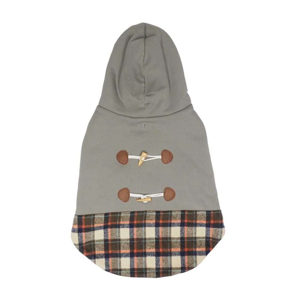 Holiday Time Vêtements pour chiens : Veste à capuche pour l'automne et l'hiver, gris et tartan avec faux boutons, taille XS-XL