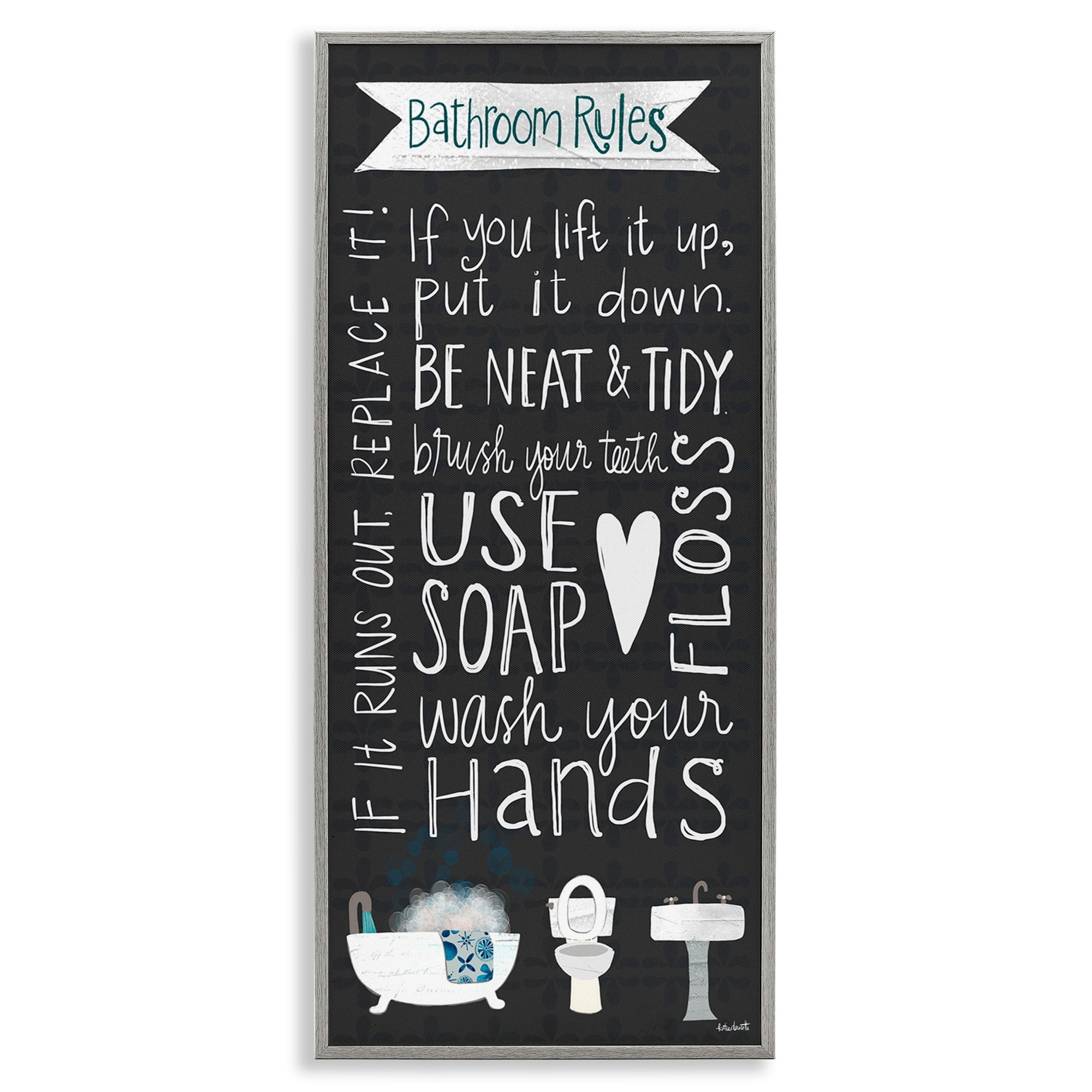 Stupell Industries Bathroom Rules Sign Whimsical Tub Toilet Sink, 13 x 30,Design by Katie Doucette
