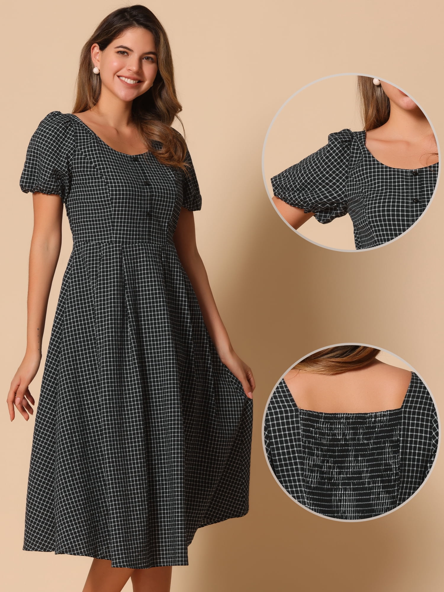 DARING DIVA Women's Crew Neck Puff Short Sleeve Midi Dresses XL Black