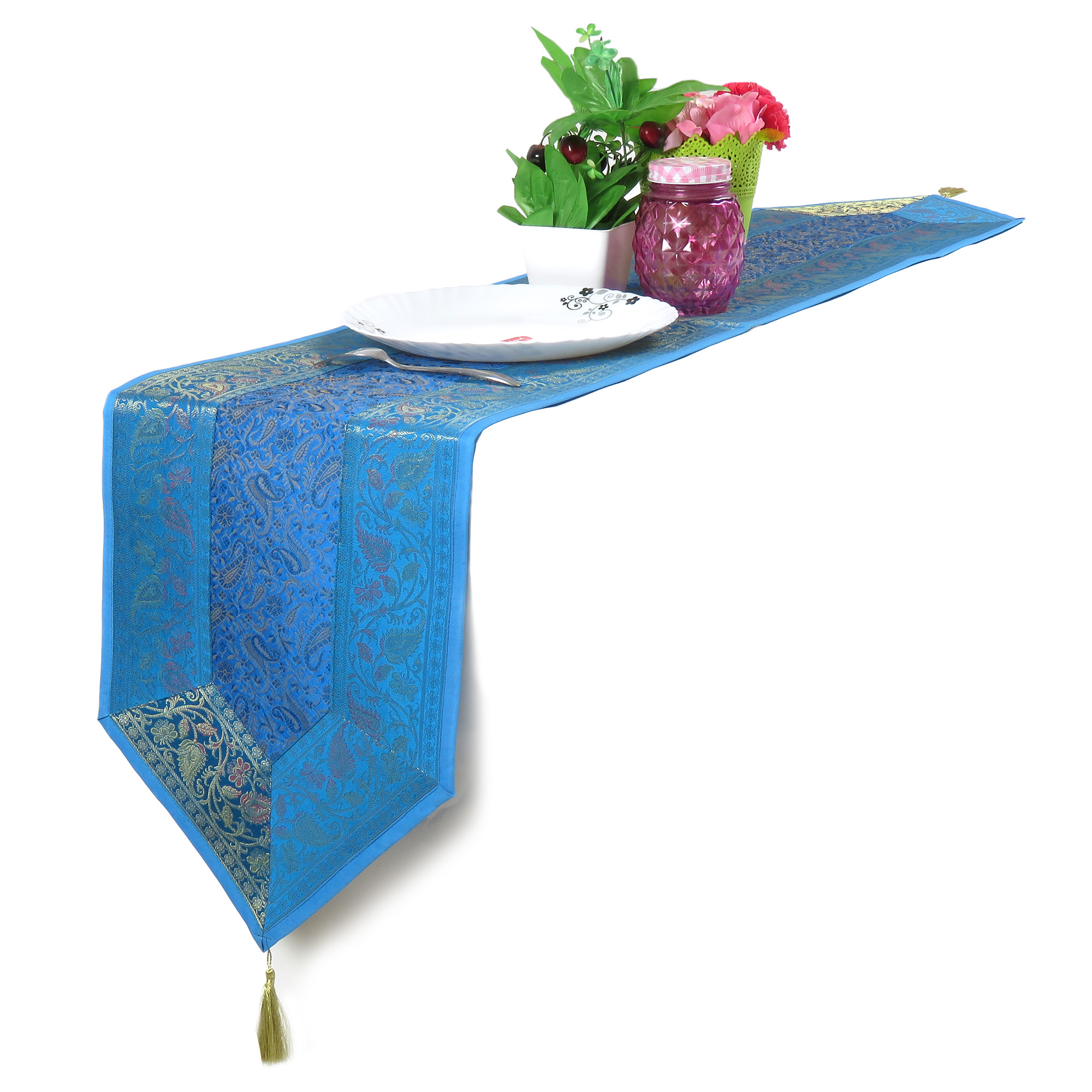 Oussum Table Runner Brocade Silk Kitchen Dining Table Linen Cloth Décor