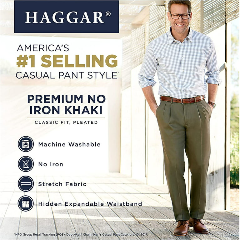 Haggar mens Premium No Iron Classic Fit Expandable Waist Pleat Front dress  pants, British Khaki Pleat, 42W x 29L US 
