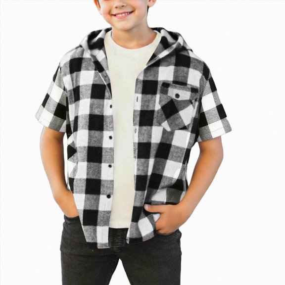 Xyant Boys Girls Casual Flannel Plaid Hoodies Fall Fashion Button Down Shirts Short Sleeve Cute Lightweight Jacket Coats (Black,10-11 Years)
