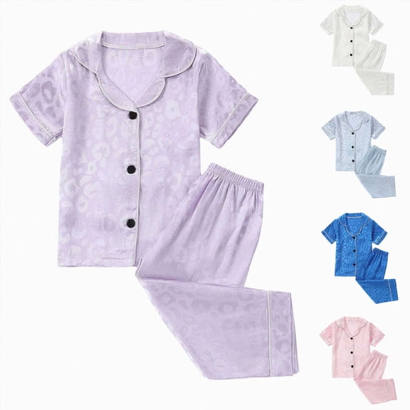 larppty Silk Pajamas for Girls 2 Piece Short Sleeve Button Down Pjs Soft Smooth Sleepwear Set (6-7 Years,Purple)