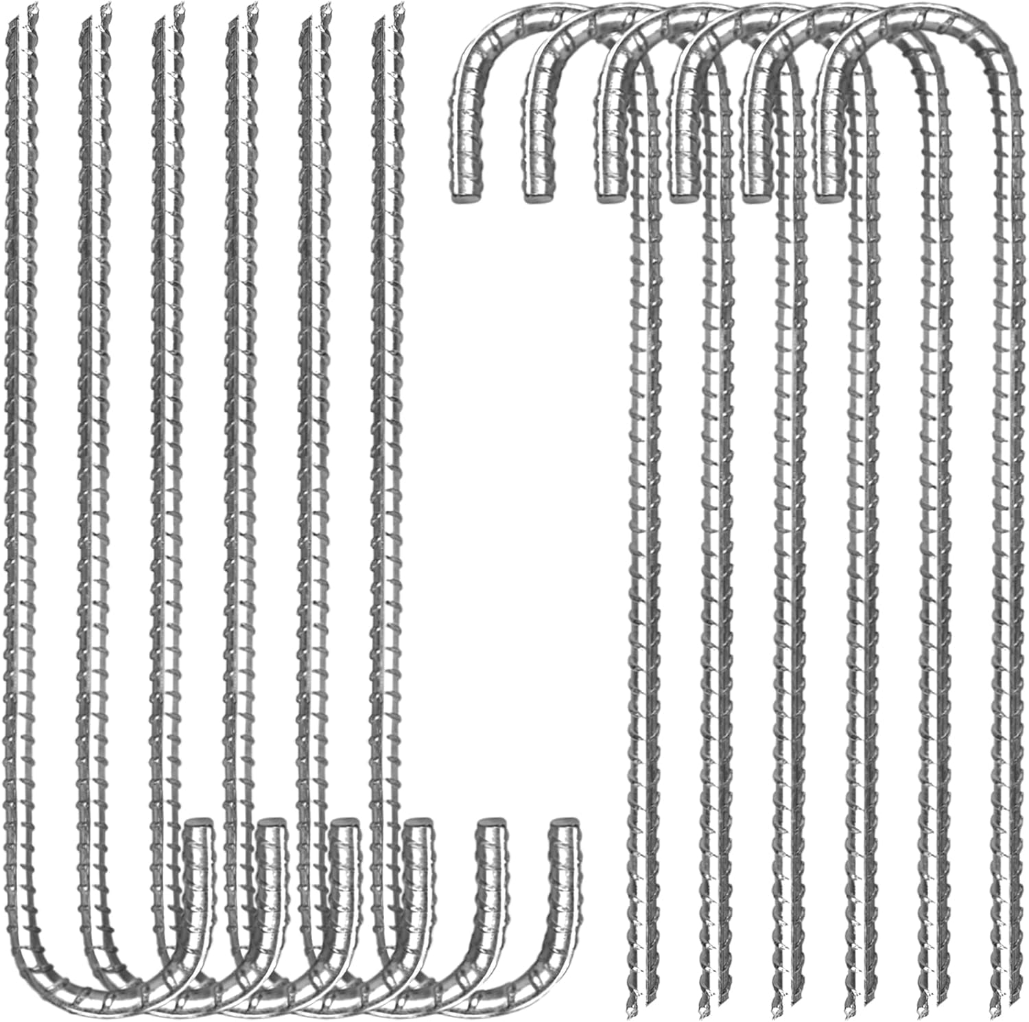 HRTGFD-12 Pack 12 Inch Rebar Stakes Heavy Duty J Hook Ground Anchors, Anti Rust Metal Steel Tent Stakes Garden Fence Stakes, Silver