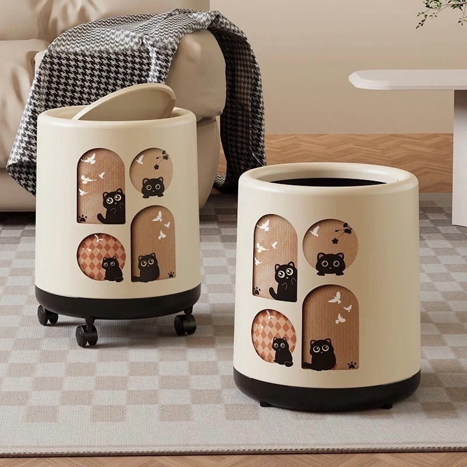 DFS 12L Compact Trash Can with Lid and Wheels, Space Saving Cat Design Trash Bin with Odor Control for Home, Bathroom, Office