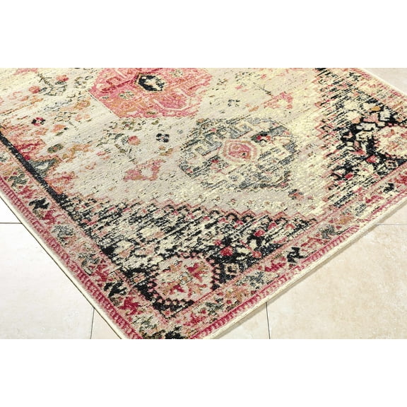 BoutiqueRugs Trudy Traditional Area Rug - Outdoor Safe - Ivory, Charcoal, Dark Pink - 5'3" x 7'1"