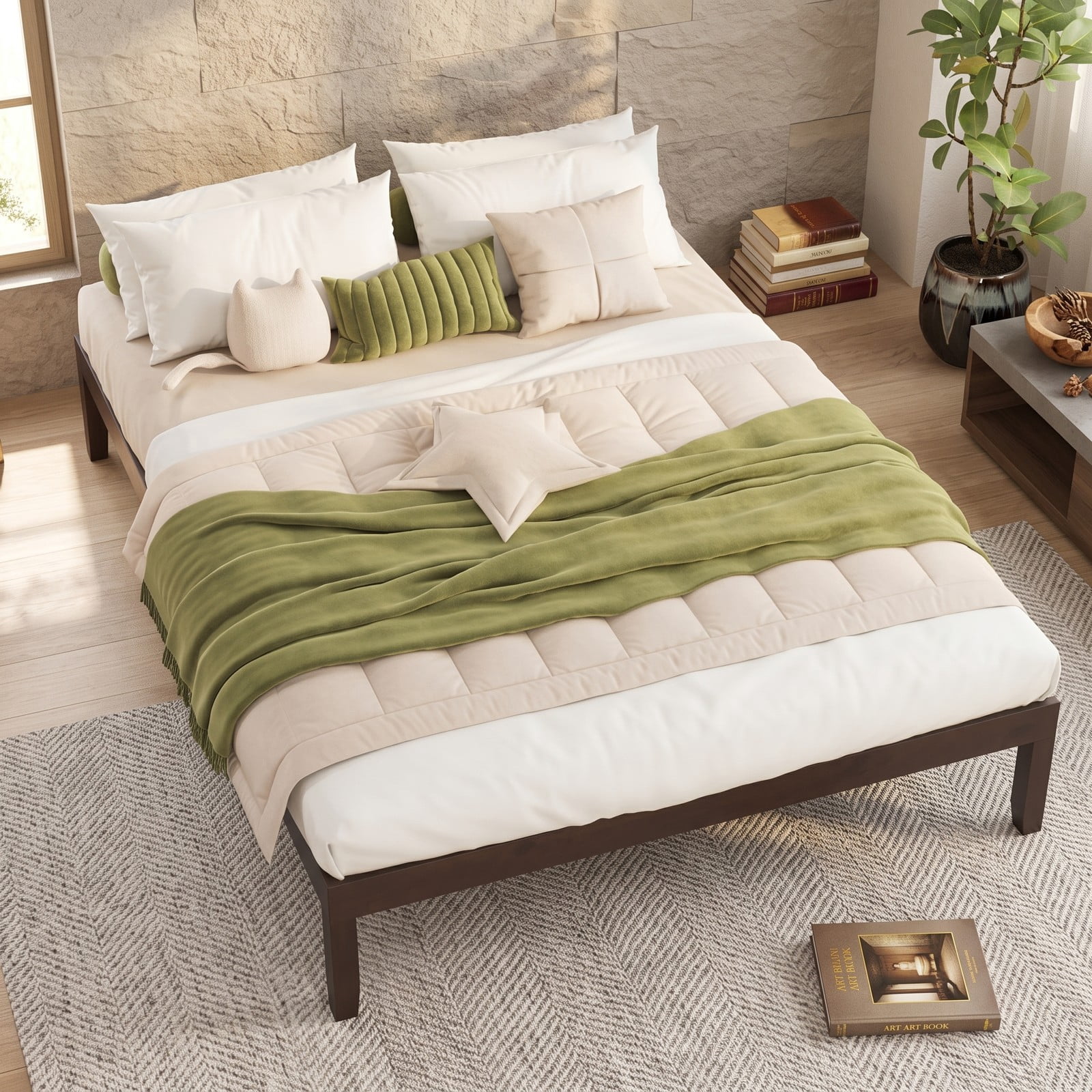 Furnibear Queen Size Bed Frame, Wood Platform Bed Frame with Slat Support and Rubber Wood Legs, Low Profile Queen Platform Bed No Box Spring, Espresso