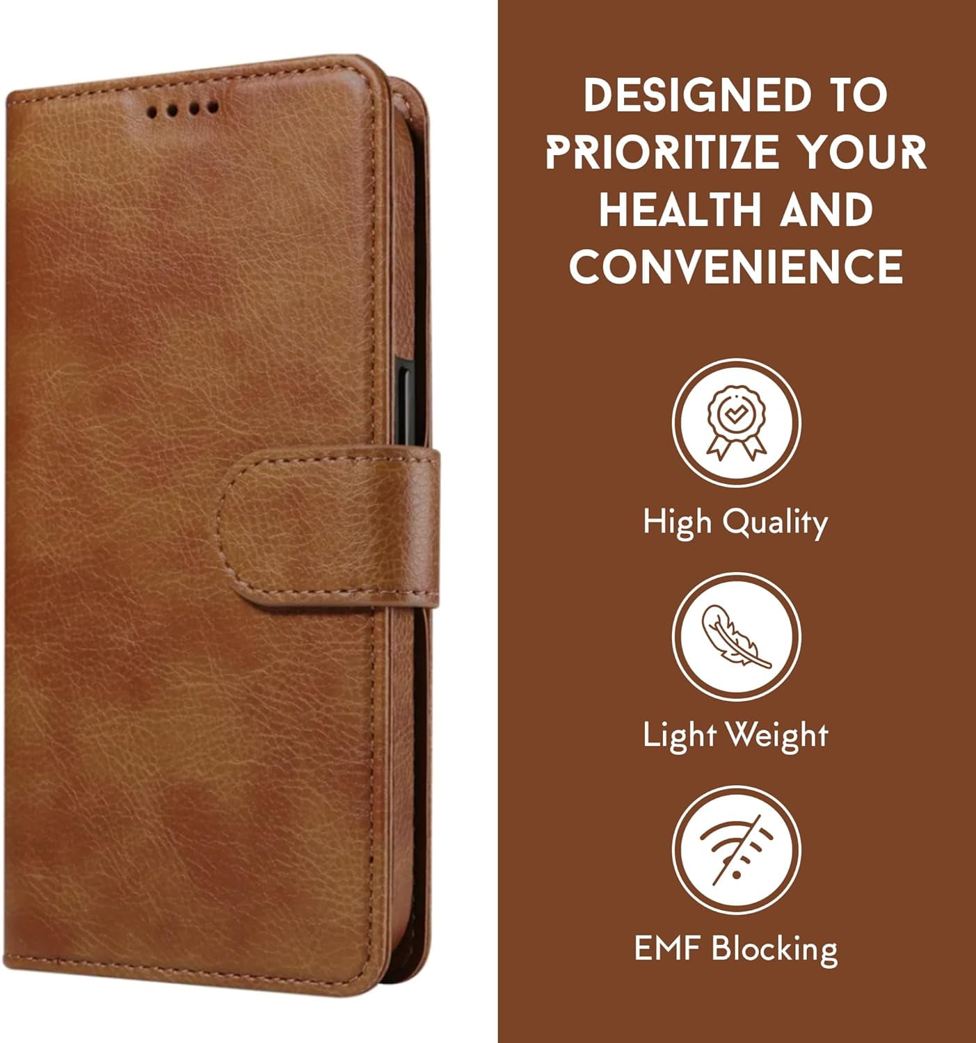 RadEnergy Leather Case with EMF Protection for iPhone 15 Pro with Card Holder & Stand, Brown