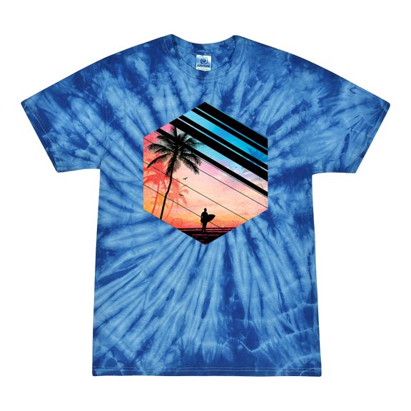 Wild Bobby, Surfer Walkign Across Beach Sunset, Streetwear, Tie-Dye Tees, Spiral Royal, Medium
