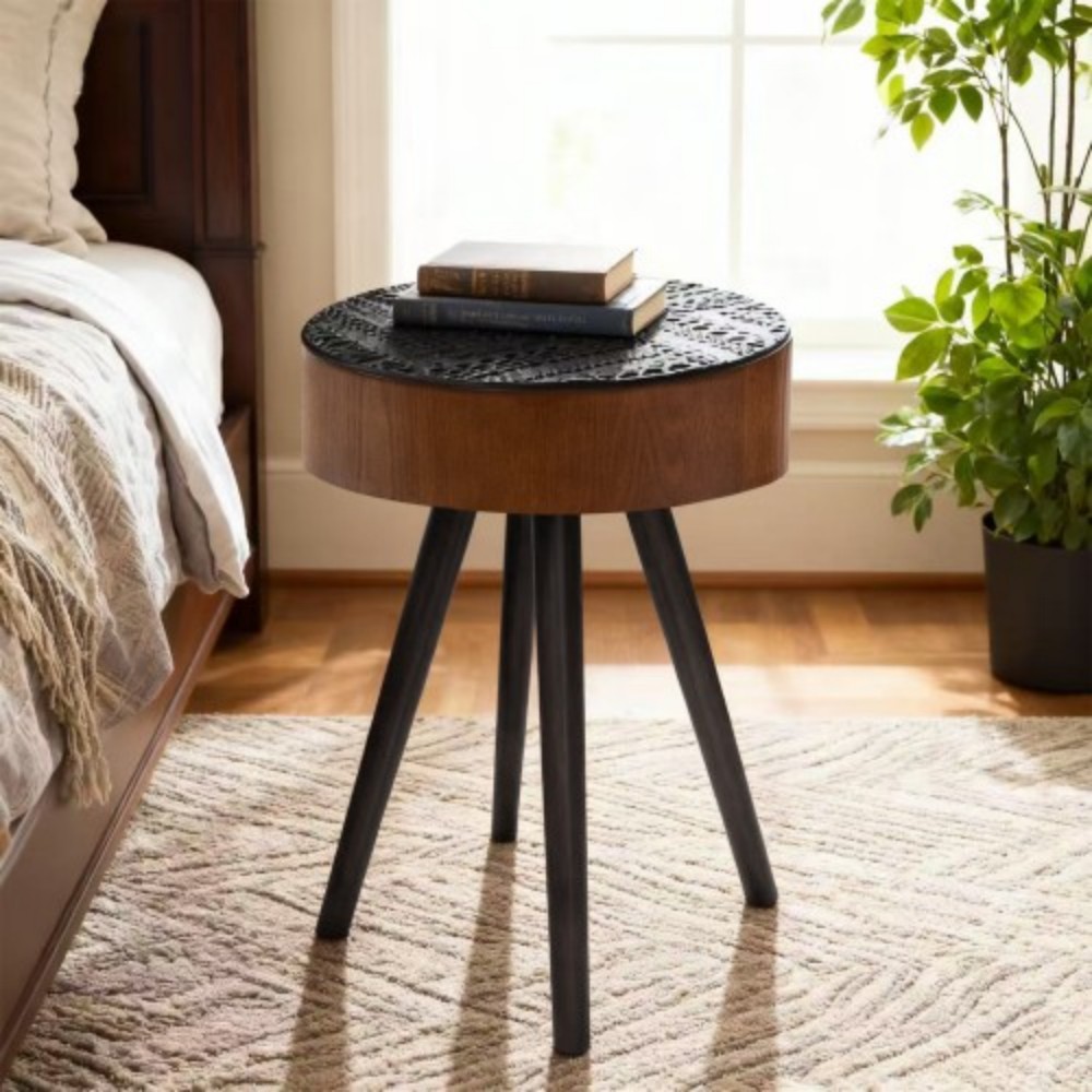 15.7" Round Drink Table, Small Wooden Side Table with Solid Wood Legs, Mid-Century Modern Accent Table for Living Room, Bedroom, Sofa, Black & Brown